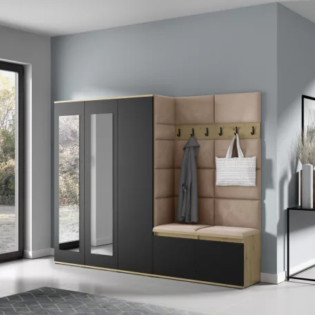 Blum 15 kárpitozott előszobafal tükörrel, artisan/fekete - bézs 04