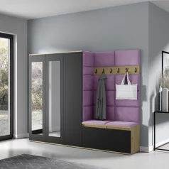   Blum 15 kárpitozott előszobafal tükörrel, artisan/fekete - lila 11 - egyedi