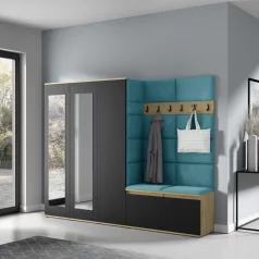   Blum 15 kárpitozott előszobafal tükörrel, artisan/fekete - azúr 13 - egyedi