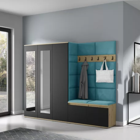 Blum 15 kárpitozott előszobafal tükörrel, artisan/fekete - azúr 13 - egyedi