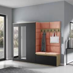   Blum 15 kárpitozott előszobafal tükörrel, artisan/fekete - narancssárga 17 - egyedi