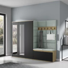   Blum 15 kárpitozott előszobafal tükörrel, artisan/fekete - menta 21 - egyedi