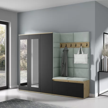 Blum 15 kárpitozott előszobafal tükörrel, artisan/fekete - menta 21 - egyedi