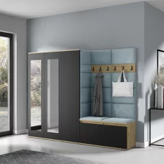   Blum 15 kárpitozott előszobafal tükörrel, artisan/fekete - aqua 22 - egyedi