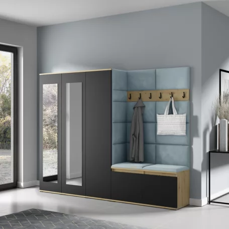 Blum 15 kárpitozott előszobafal tükörrel, artisan/fekete - aqua 22 - egyedi