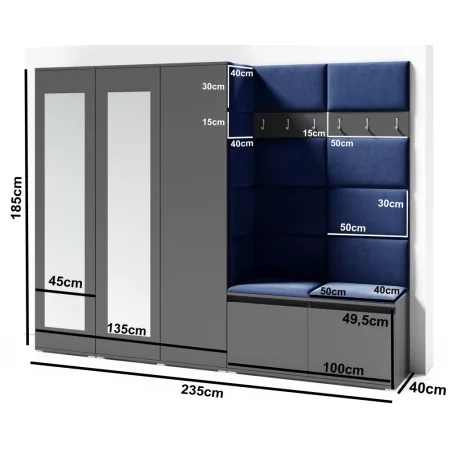 Blum 15 kárpitozott előszobafal tükörrel, grafit - krém 01