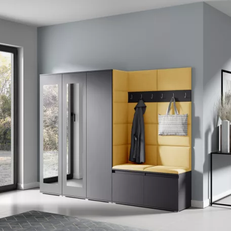 Blum 15 kárpitozott előszobafal tükörrel, grafit - sárga 18 - egyedi