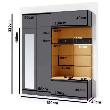 Blum 16 kárpitozott előszobafal tükörrel, artisan/fekete - krém 01