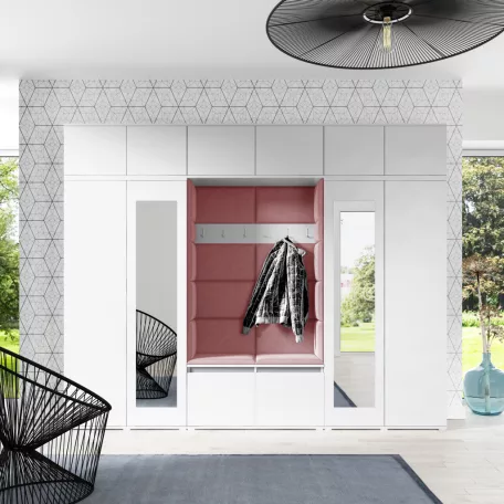 Blum 17 kárpitozott előszobafal tükörrel, fehér - rózsaszín 23 - egyedi