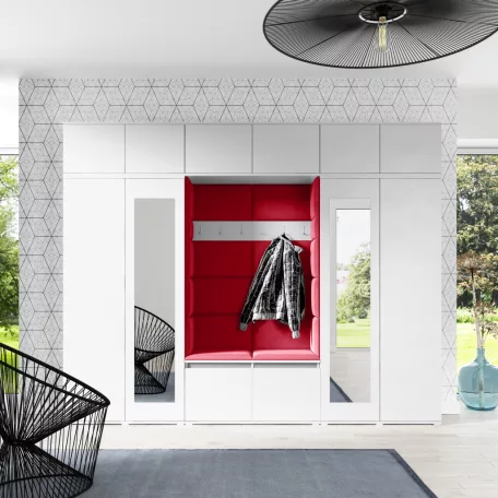 Blum 17 kárpitozott előszobafal tükörrel, fehér - rubinvörös 24 - egyedi