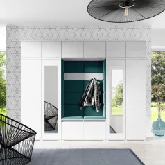   Blum 17 kárpitozott előszobafal tükörrel, fehér - sötétzöld 28 - egyedi