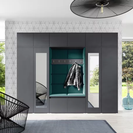 Blum 17 kárpitozott előszobafal tükörrel, grafit - sötétzöld 28 - egyedi