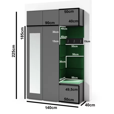 Blum 18 kárpitozott előszobafal tükörrel, grafit - krém 01