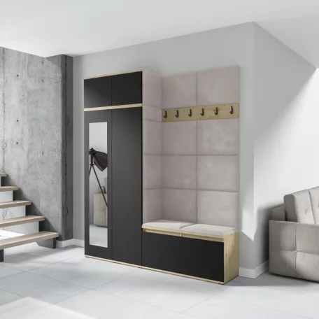 Blum 19 kárpitozott előszobafal tükörrel, artisan/fekete - krém 01