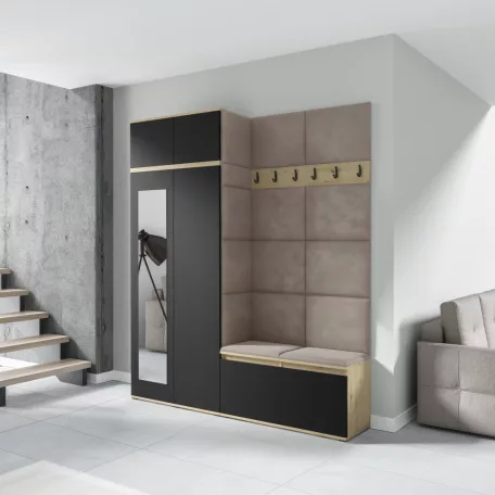 Blum 19 kárpitozott előszobafal tükörrel, artisan/fekete - bézs 03