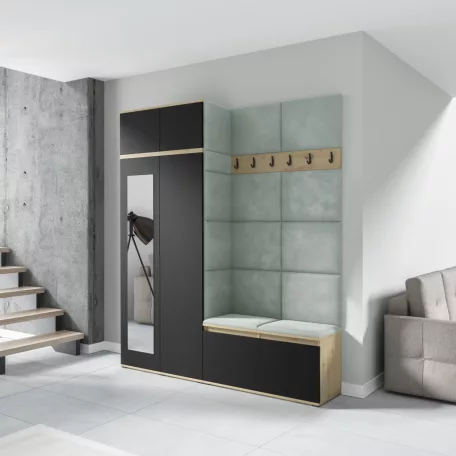 Blum 19 kárpitozott előszobafal tükörrel, artisan/fekete - menta 21 - egyedi