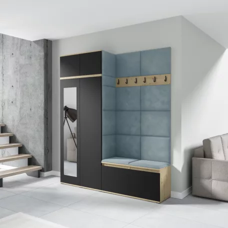 Blum 19 kárpitozott előszobafal tükörrel, artisan/fekete - aqua 22 - egyedi