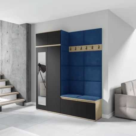 Blum 19 kárpitozott előszobafal tükörrel, artisan/fekete - sötétkék 31 - egyedi