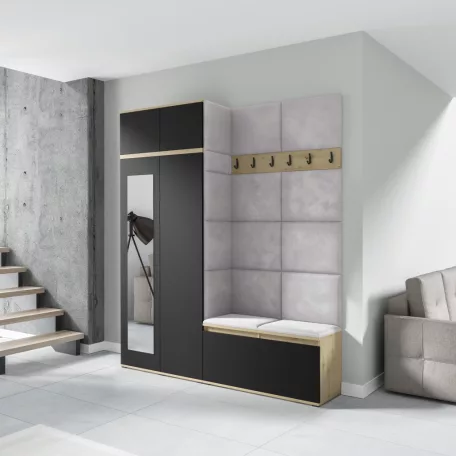 Blum 19 kárpitozott előszobafal tükörrel, artisan/fekete - ezüst 32 - egyedi