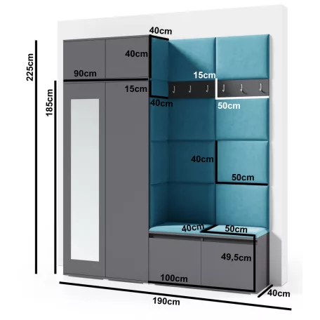 Blum 19 kárpitozott előszobafal tükörrel, fehér - krém 01