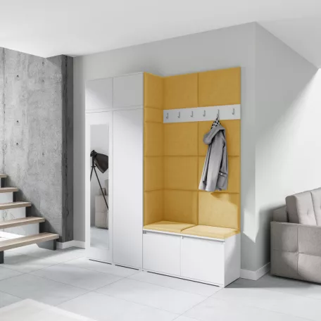 Blum 19 kárpitozott előszobafal tükörrel, fehér - sárga 18 - egyedi