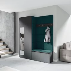   Blum 19 kárpitozott előszobafal tükörrel, grafit - sötétzöld 28 - egyedi