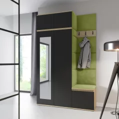   Blum 20 kárpitozott előszobafal tükörrel, artisan/fekete - zöld 12 - egyedi