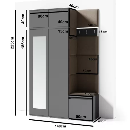 Blum 20 kárpitozott előszobafal tükörrel, artisan/fekete - ezüst 33 - egyedi