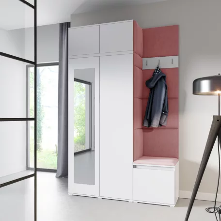 Blum 20 kárpitozott előszobafal tükörrel, fehér - rózsaszín 23 - egyedi
