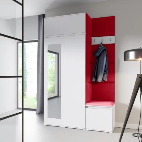 Blum 20 kárpitozott előszobafal tükörrel, fehér - rubinvörös 24 - egyedi