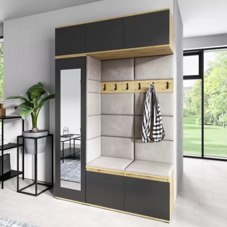 Blum 21 kárpitozott előszobafal tükörrel, artisan/fekete - krém 01