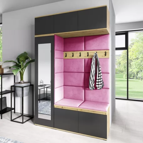 Blum 21 kárpitozott előszobafal tükörrel, artisan/fekete - pink 10 - egyedi