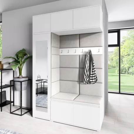 Blum 21 kárpitozott előszobafal tükörrel, fehér - krém 01