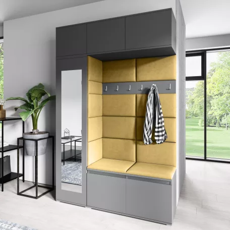 Blum 21 kárpitozott előszobafal tükörrel, grafit - sárga 18 - egyedi