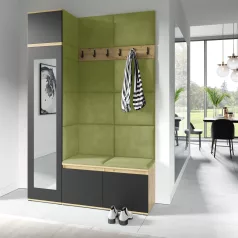   Blum 22 kárpitozott előszobafal tükörrel, artisan/fekete - zöld 12 - egyedi