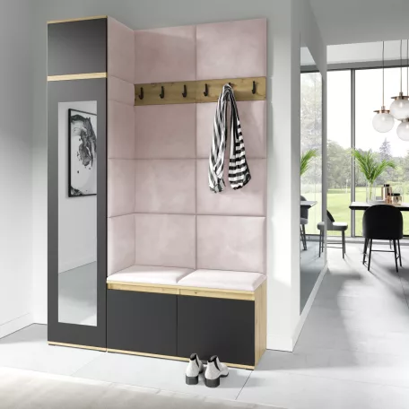 Blum 22 kárpitozott előszobafal tükörrel, artisan/fekete - rózsaszín 19 - egyedi