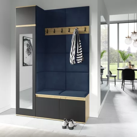 Blum 22 kárpitozott előszobafal tükörrel, artisan/fekete - sötétkék 30 - egyedi