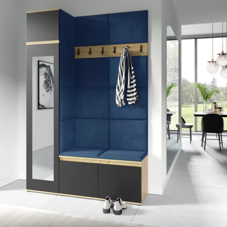 Blum 22 kárpitozott előszobafal tükörrel, artisan/fekete - sötétkék 31 - egyedi