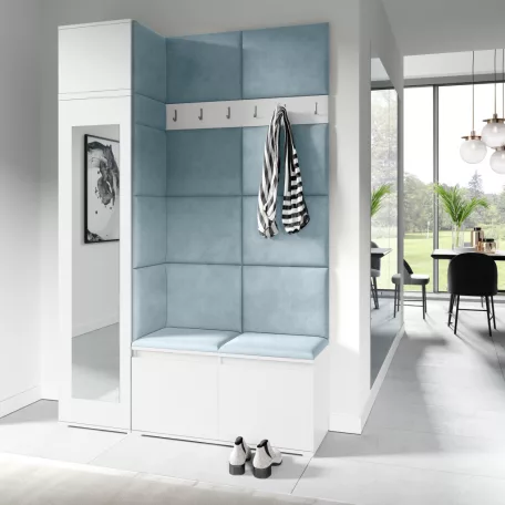 Blum 22 kárpitozott előszobafal tükörrel, fehér - aqua 22 - egyedi