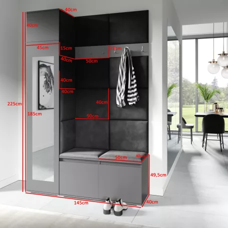 Blum 22 kárpitozott előszobafal tükörrel, grafit - krém 01