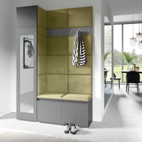 Blum 22 kárpitozott előszobafal tükörrel, grafit - oliva zöld 27 - egyedi