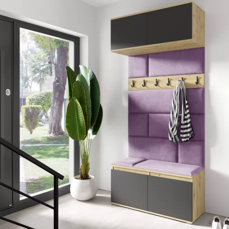 Blum 23 kárpitozott előszobafal, artisan/fekete - lila 11 - egyedi