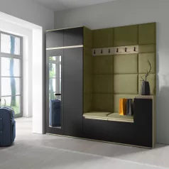   Blum 26 kárpitozott előszobafal tükörrel, artisan/fekete - oliva zöld 27 - egyedi
