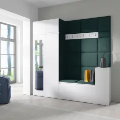   Blum 26 kárpitozott előszobafal tükörrel, fehér - sötétzöld 28 - egyedi