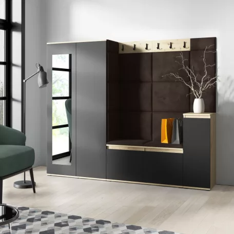 Blum 27 kárpitozott előszobafal tükörrel, artisan/fekete - barna 08