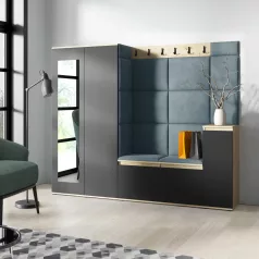   Blum 27 kárpitozott előszobafal tükörrel, artisan/fekete - aqua 22 - egyedi