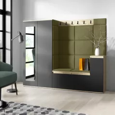   Blum 27 kárpitozott előszobafal tükörrel, artisan/fekete - oliva zöld 27 - egyedi