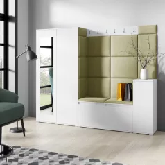   Blum 27 kárpitozott előszobafal tükörrel, fehér - oliva zöld 27 - egyedi