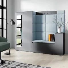   Blum 27 kárpitozott előszobafal tükörrel, grafit - aqua 22 - egyedi