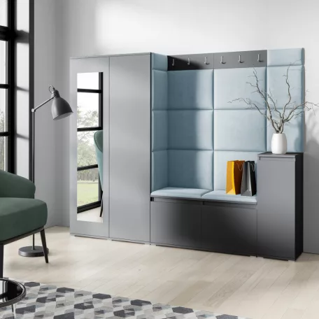 Blum 27 kárpitozott előszobafal tükörrel, grafit - aqua 22 - egyedi